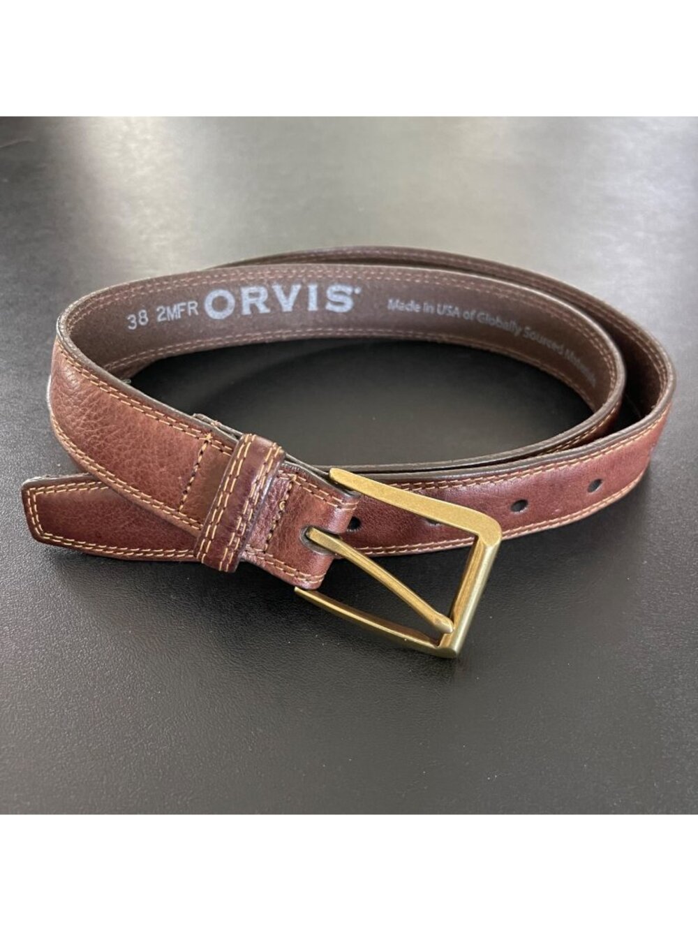 Orvis Mens Brown Leather Belt Size 38 Brass Buckle Made in USA Casual Classic